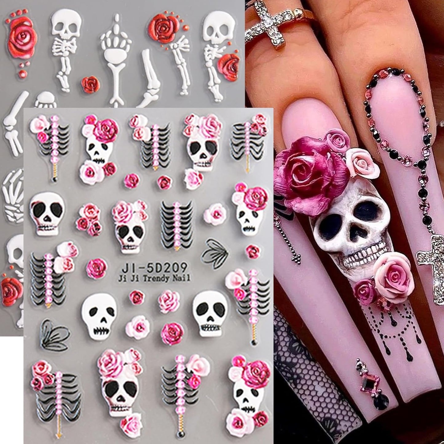 Skull Nail Art Stickers Halloween Pink Red Rose Skeleton Hand Bone Nail Decals 5D Embossed Self-Adhesive Nail Art Supplies White Skull Nail Design Manicure Sliders for Women Nail Decorations 2PCS