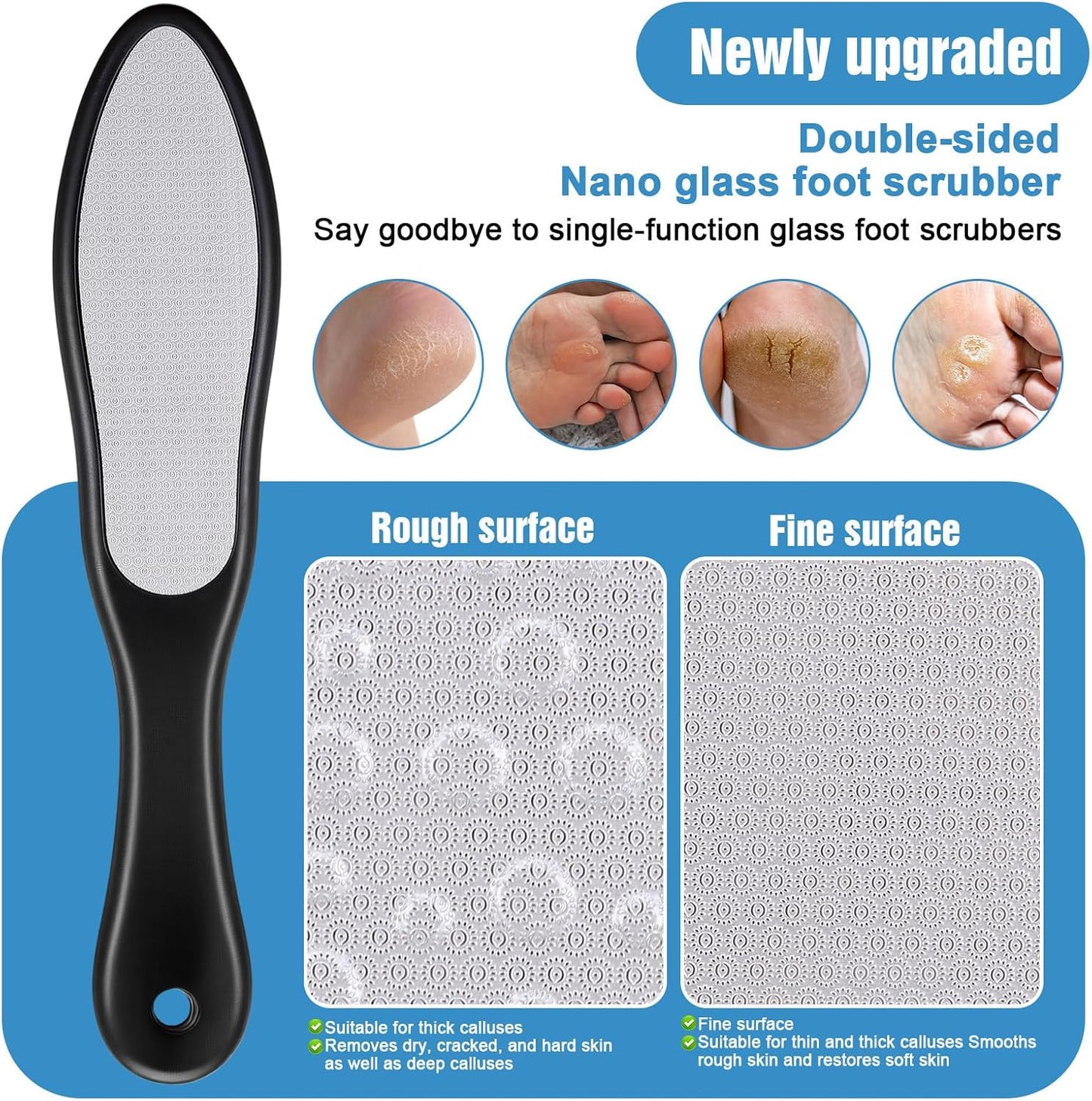 2 Pcs Nano Glass Foot File, Double-Sided Foot Callus Remover,Pedicure Tools for Feet,Wet and Dry Feet Dead Skin Remover, Professional Hard Skin Remover with Non-Slip Ergonomic Handle