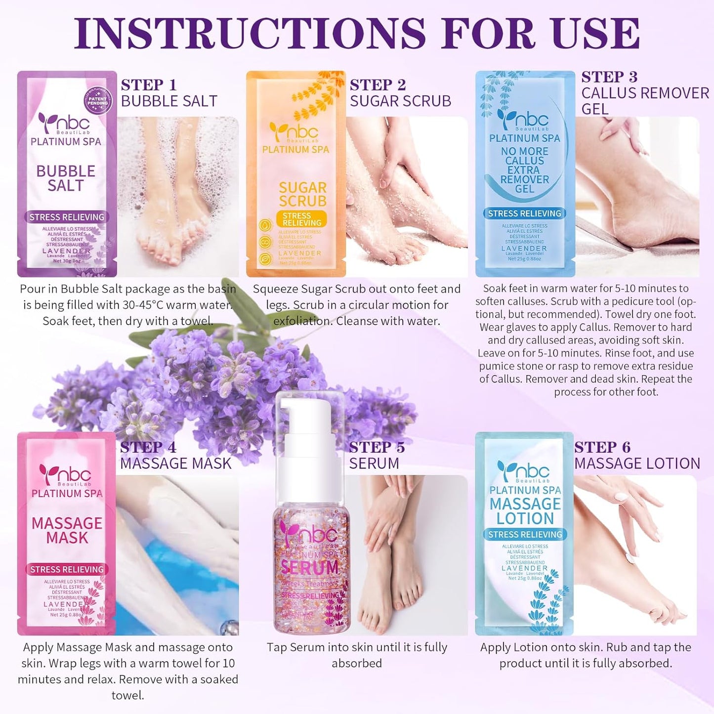 Pedicure Kit Foot Soak Set: Bubble Salt, Sugar Scrub, Massage Mask, Massage Lotion in a Box, 4 Step Foot Spa Kit for Dry Feet,Tired Feet(Lavender)