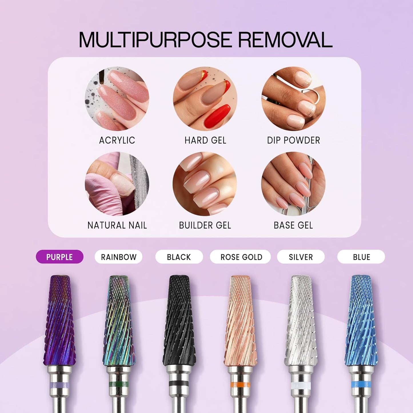PANA 5-in-1 Pro Upgraded Multi-Function Drill Bit 3/32" Shank Size - (Purple, 2X Coarse to 2X Fine) - Mix Size Tungsten Drill Bit Fast Remove Acrylic Hard Gel Nail for Manicure Pedicure