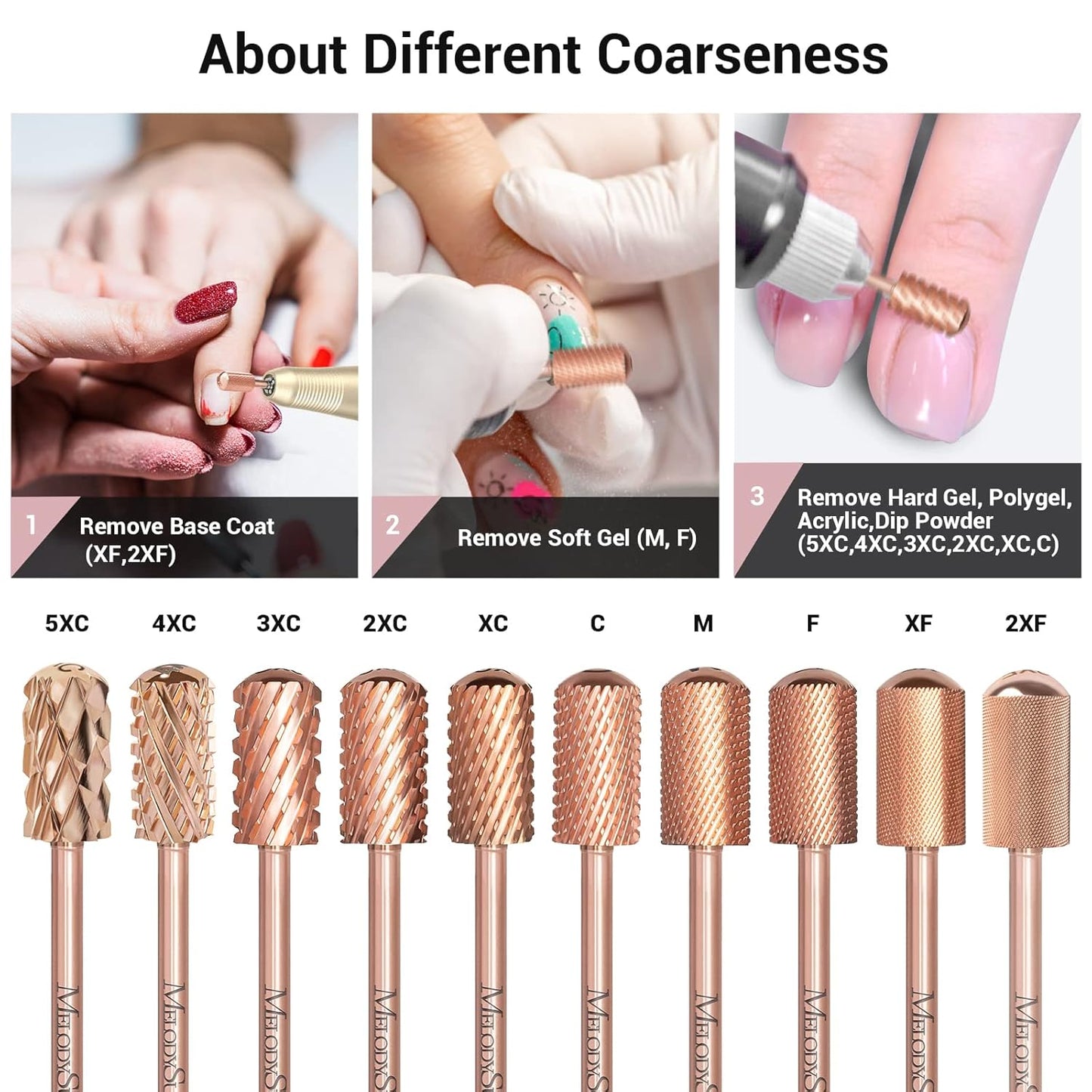 MelodySusie Safety Nail Drill Bits, 3/32'' Smooth Round Top Large Barrel Carbide Bits, Suitable for Manicure Pedicure Cuticle Gel Polishing, Beginners Bits, Rose Gold, Series Bit-S, Extra Coarse