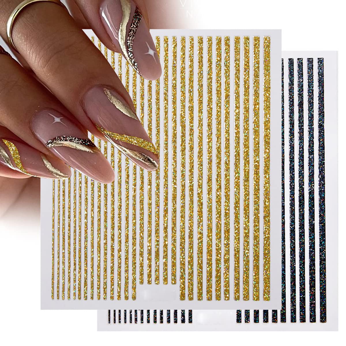 6 Sheets 3D Glitter Lines Nail Art Stickers - Gold Metallic Supplies, Metal Decals, French Effect Silver Design, Simple Line Glitter Sticker for Women DIY Decoration