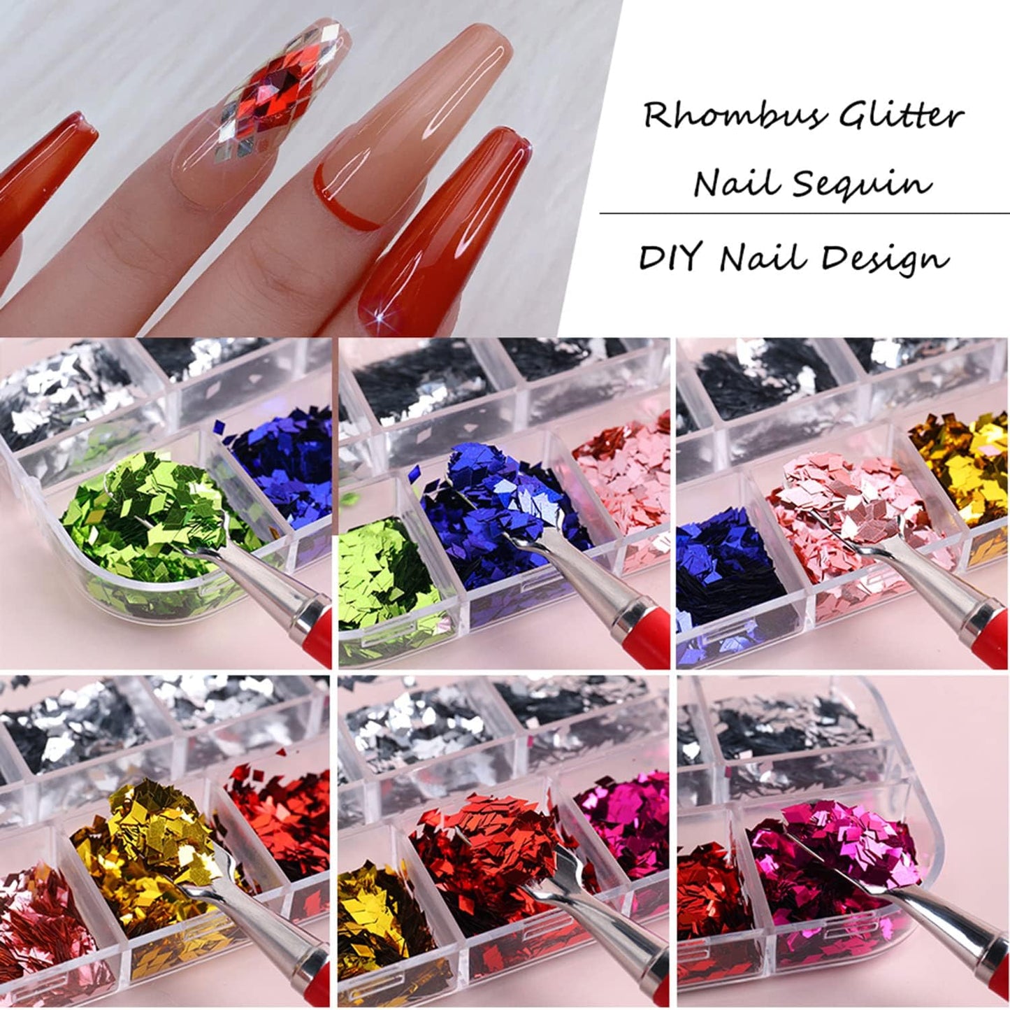 Rhombus Glitter Nail Art Sequins, Holographic 3D Shiny Nail Art Flakes Acrylic Supplies, 12 Colors Rhombus Nail Art Design for Women Girls Manicure Powder Charms Decorations DIY Sparkly Nail Art Tips