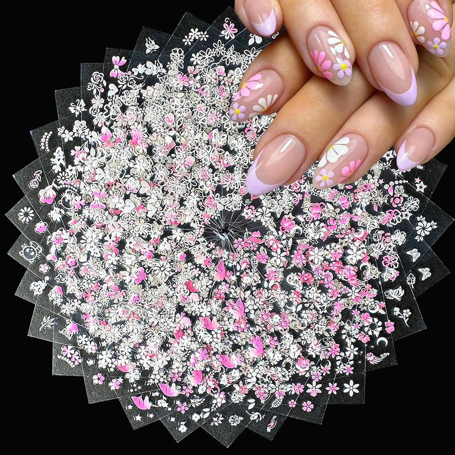 30 Sheets Flower Nail Art Stickers Pink White Flower Nail Stickers 3D Self Adhesive Cute Daisy Floral Nail Decals Nail Supplies Nail Art Design Decoration Accessories for Women Girls