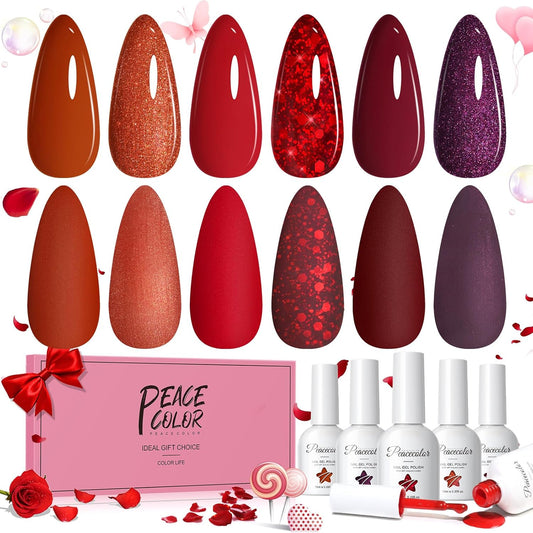 Peacecolor Red Gel Nail Polish Set, 6pcs 10ML Soak Off Gel Polish Dark Red Burgundy Shimmer Glitter Colors Nail Art Starter Kit Gifts for Women