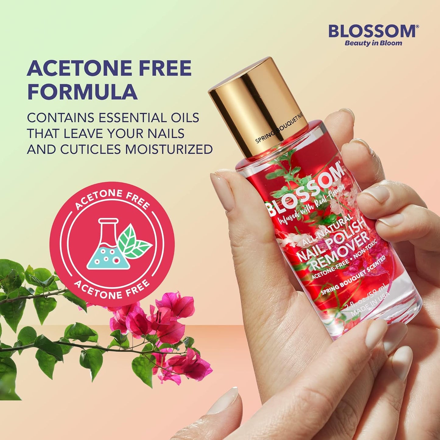 Blossom Non Toxic Nail Polish Remover Non Acetone, All Natural Scented, Vegan, Acetone Free Nail Polish Remover, Organic Plant-Based, Infused with Real Flowers, Made in USA, 2oz, Spring Bouquet
