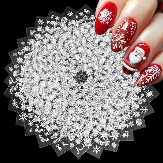 30 Sheets Christmas Nail Art Stickers 3D Self-Adhesive White Snowflake Nail Decals Winter Xmas Elk Snowman Designs Nail Supplies Christmas Cute Nail Decoration for Women Manicure Accessories