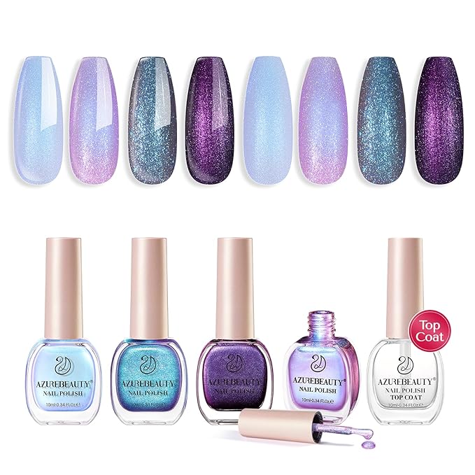 AZUREBEAUTY Holographic Nail Polish Set: 4 Colors Quick Dry Purple Pink Chameleon Fall Winter Natural Fingernail with Top Coat DIY Salon Gift for Women