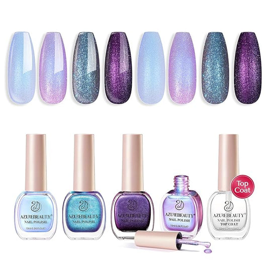 AZUREBEAUTY Holographic Nail Polish Set: 4 Colors Quick Dry Purple Pink Chameleon Fall Winter Natural Fingernail with Top Coat DIY Salon Gift for Women