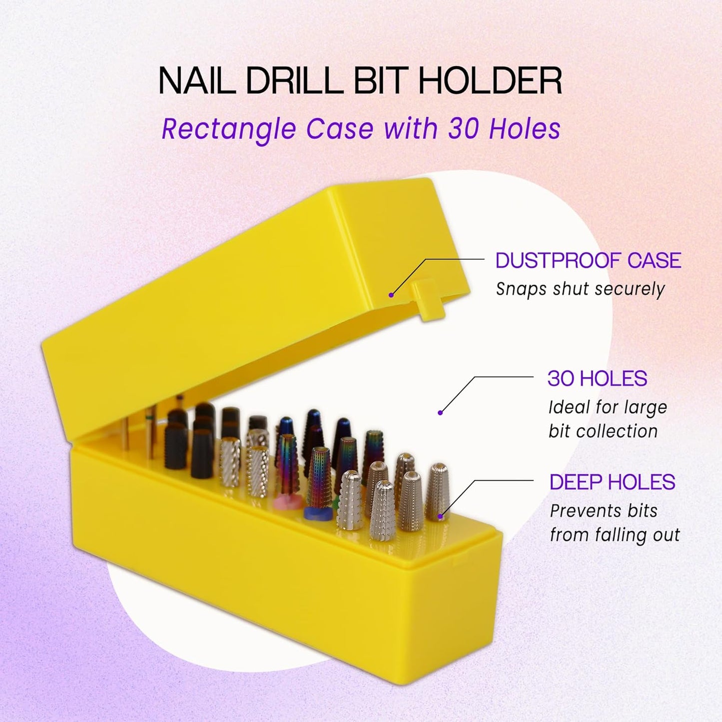PANA Rectangle Nail Drill Bit Holder Display Organizer Case - Dustproof Carbide Bit Storage Container Box For Manicure Tools Nail Salon - 30 Holes Yellow (Drill Bits Not Included)