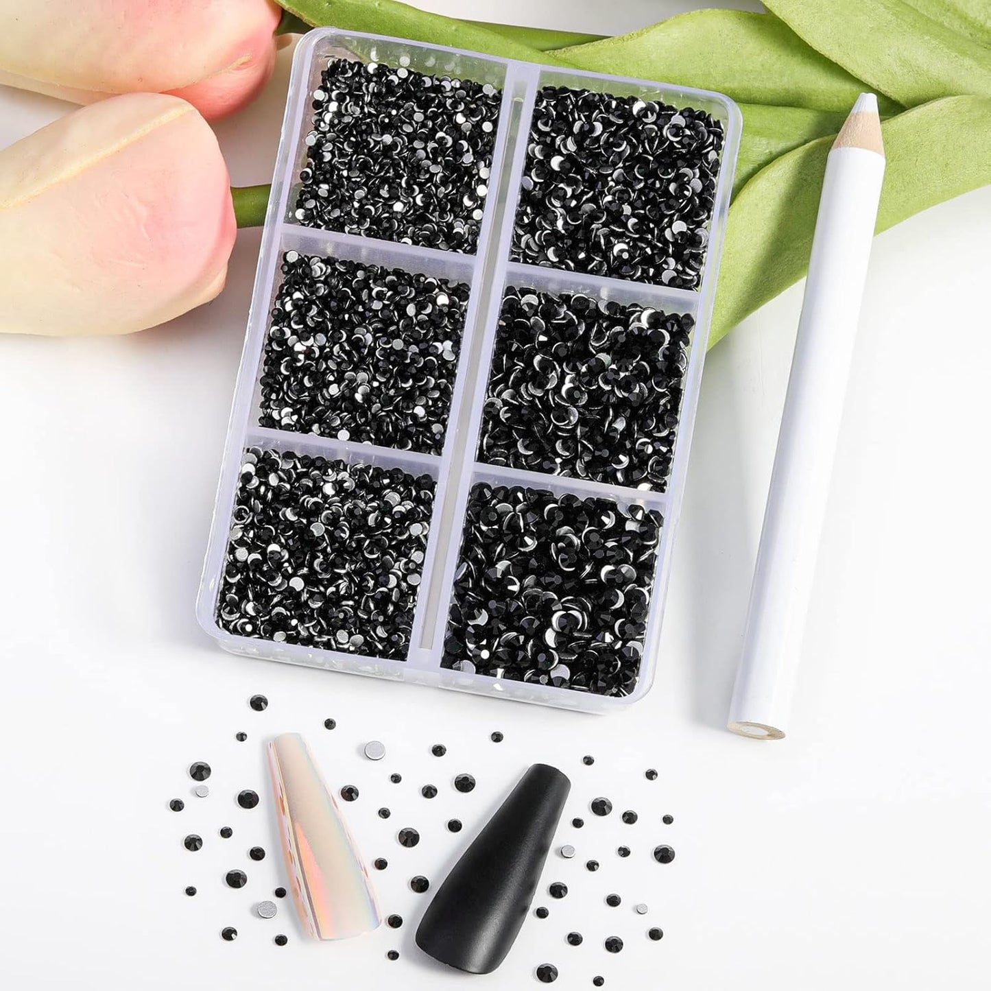 Beadsland 7200pcs Flatback Rhinestones,Black Rhinestone Nail Gems Round Crystal Rhinestones for Crafts,Mixed 6 Sizes with Wax Pencil Kit, SS3-SS10,Jet Black