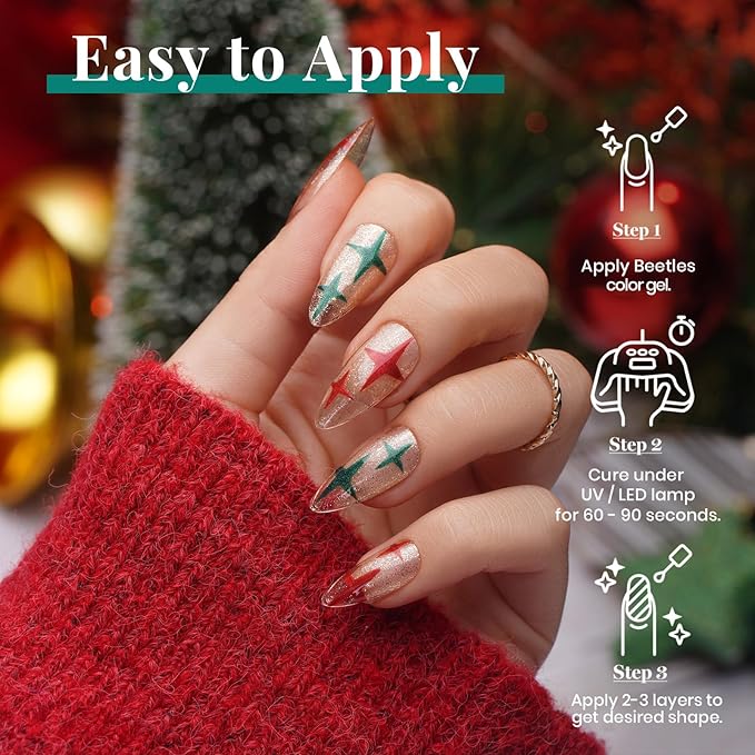 Beetles Christmas Gel Nail Polish, Red Sparkle Green Glitter Gold Silver Winter Gel Polish Dark Red Gel Polish Kits Soak Off Nail Lamp Uv LED Cured for Nail Art Design Gift for Women