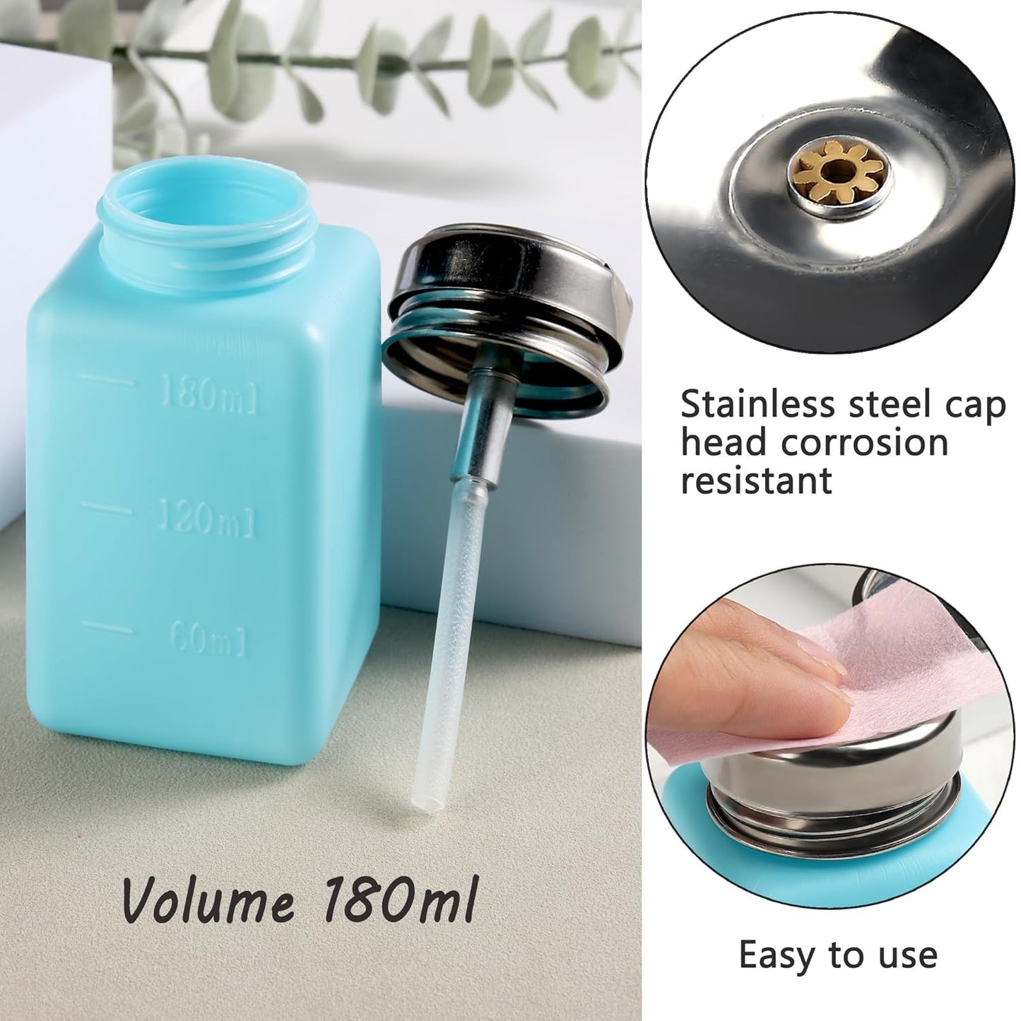Pump Bottle Dispenser 180ml Nail Polish Remover Pump Metal Push Down Pump Dispenser 200Pcs Lint Free Nail Wipes Alcohol Dispenser Eye Makeup Remover Pump Push Down Empty Bottle -Blue
