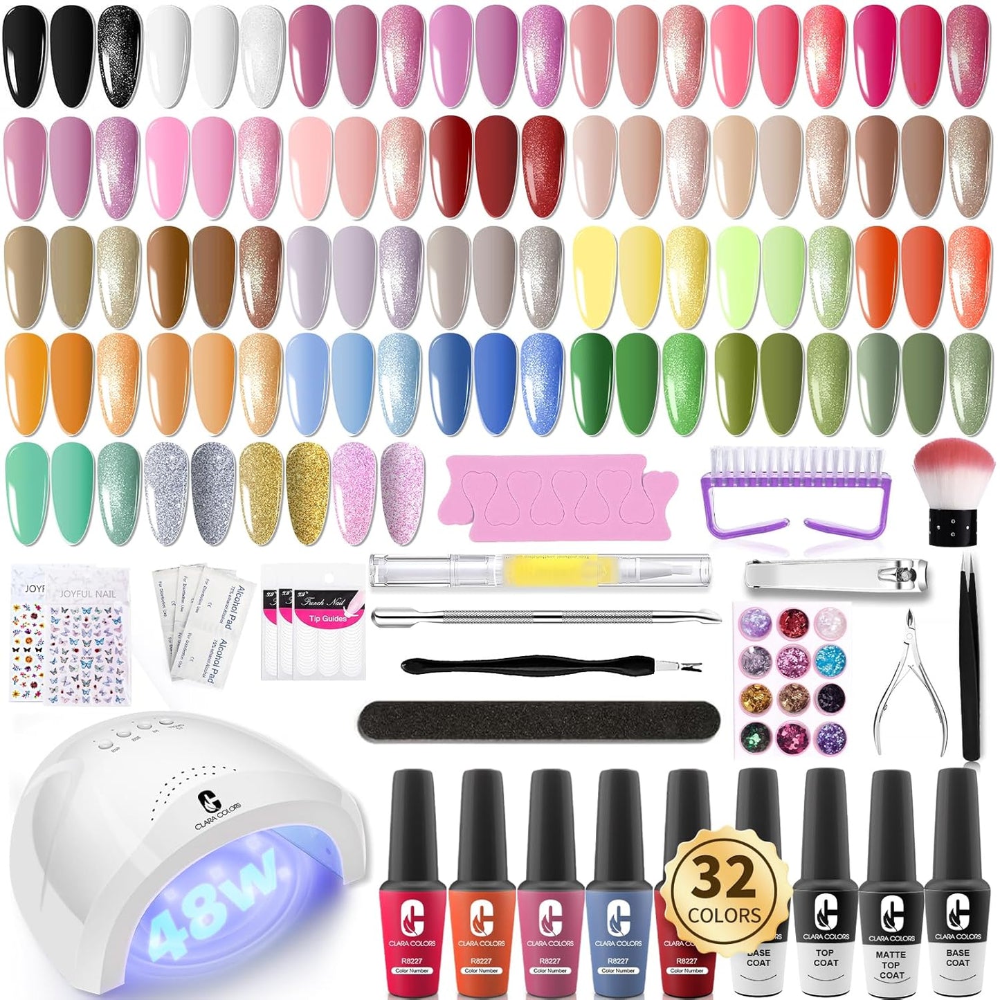 Clara Colors 32 Colors 14ml Gel Nail Polish Kit, All In One Gel Polish Set with Base Matte Glossy Top Coat Tools Nails Art Decorations Salon Gel Polish Starter Kit Full Cover Natural