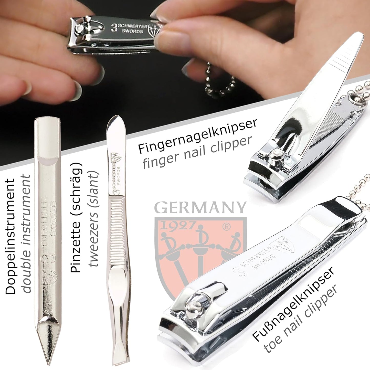 3 Swords Germany - brand quality 6 piece manicure pedicure grooming kit set for professional nail care with red synthetic leather case - Made in Germany
