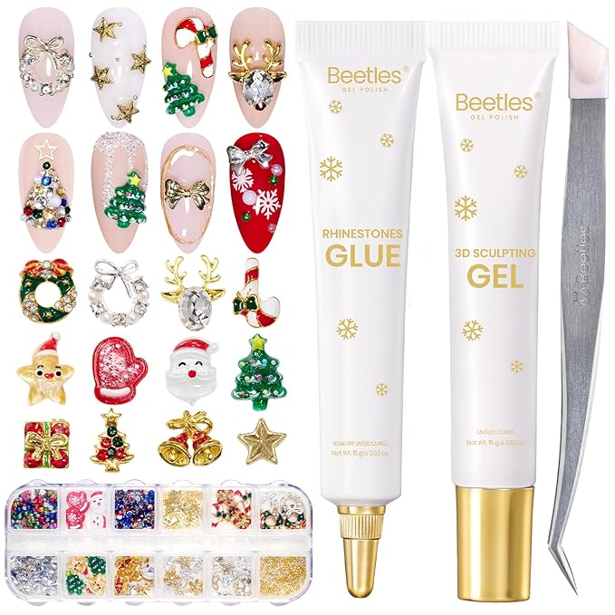 Beetles Christmas Rhinestones Glue Kit - 15ml Nail Rhinestone Glue and 3D Sculpting Gel with Christmas Diamond Jewelry & Bonus Tweezers for Nail Art DIY Gifts