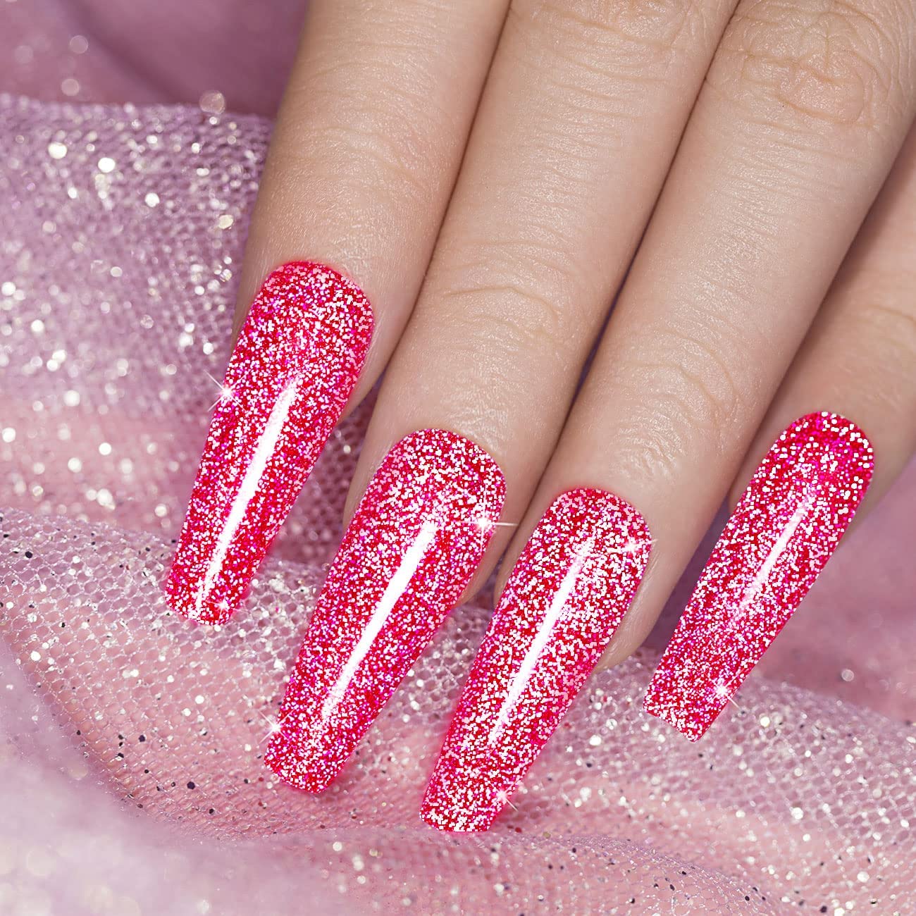 RARJSM Reflective Gel Nail Polish Hot Pink Glitter Gel Polish Neon Flash Diamond Sparkle Gelpolish Soak off UV Curing Requires 15ml Single Bottle for Salon Home Diy Nail Manicure
