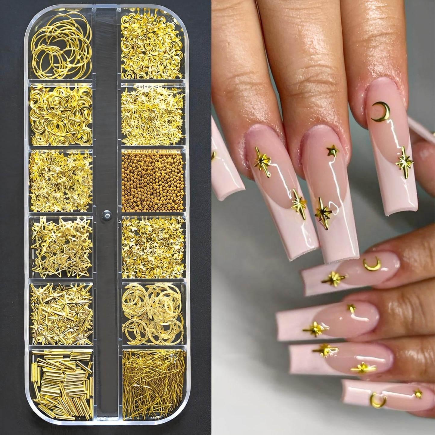 24 Grid Gold Nail Art Charms Moon Star Nail Charms and Gems Gold Nail Rhinestone for Decorations Manicure Supplies Accessories DIY Nail Art Makeup Decoration