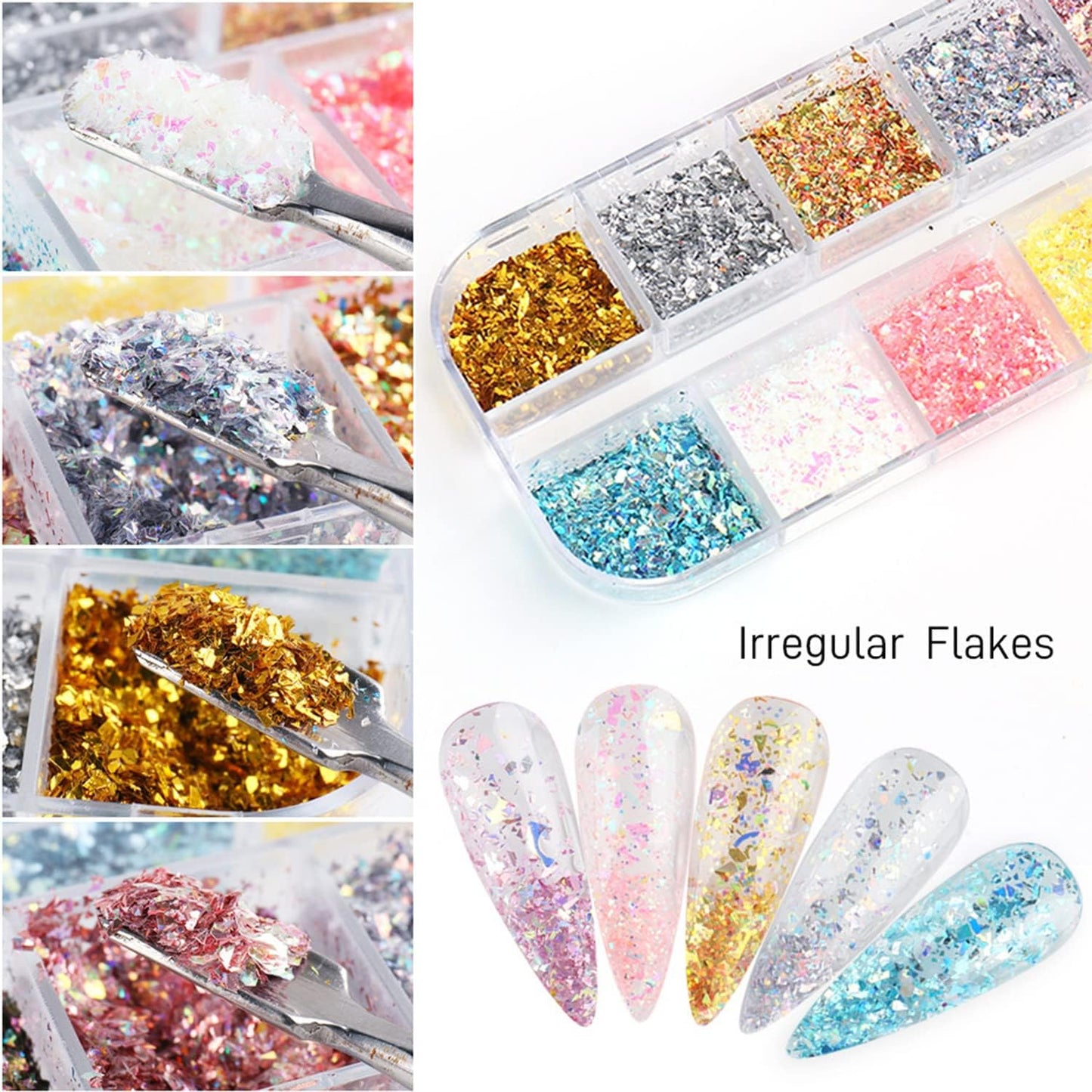 Holographic Glitter Nail Art Flakes, 12 Colors Irregular Sparkly Sequins Design, 3D Shiny Powder Acrylic Nails Supplies for Women Girls Manicure Charms Decorations, DIY Resin Tips