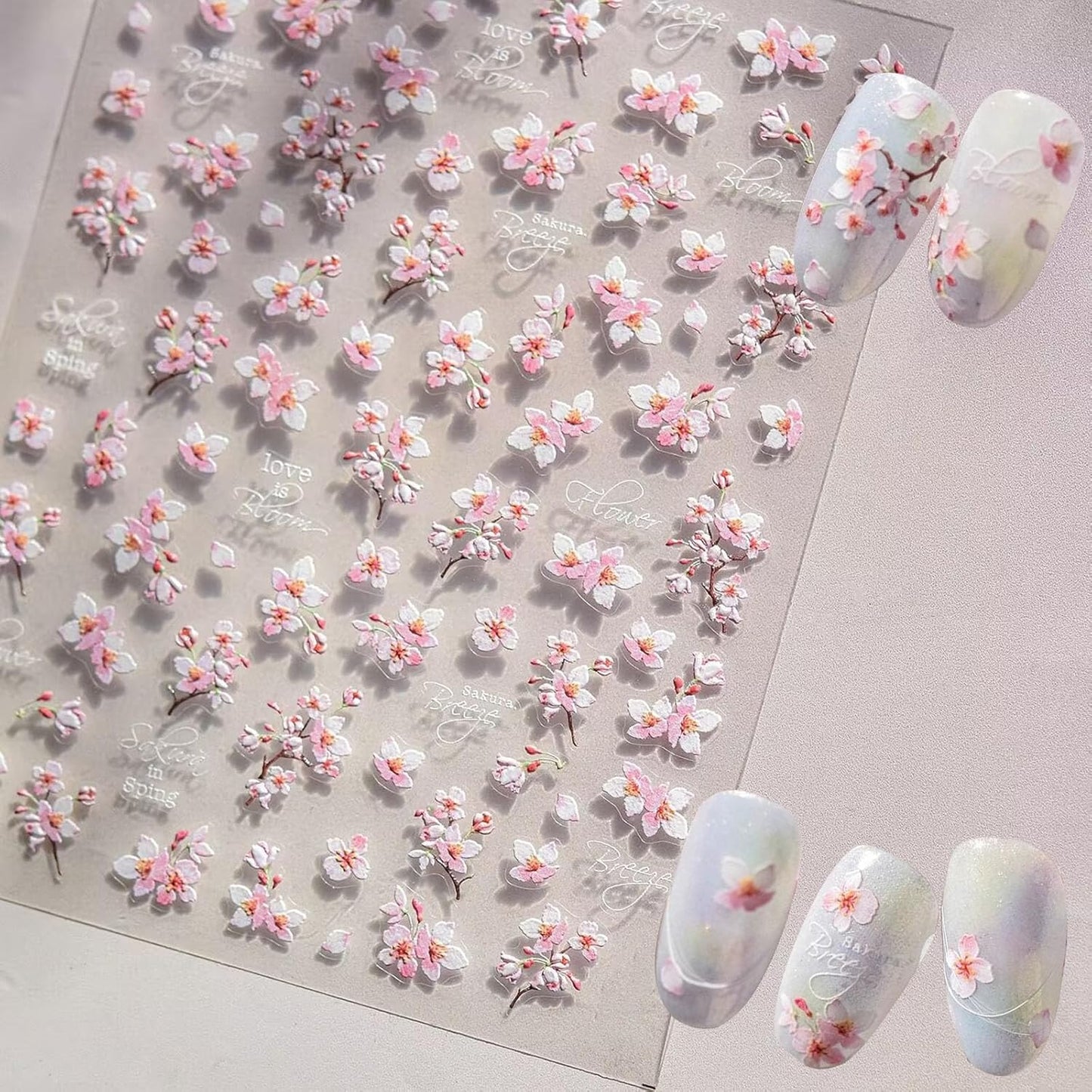 2 Sheets Flower Nail Stickers for Nail Art, 5D Embossed Self Adhesive Spring Summer Sakura Design Nail Supplies Decoration for Women Girl DIY Manicure Accessories