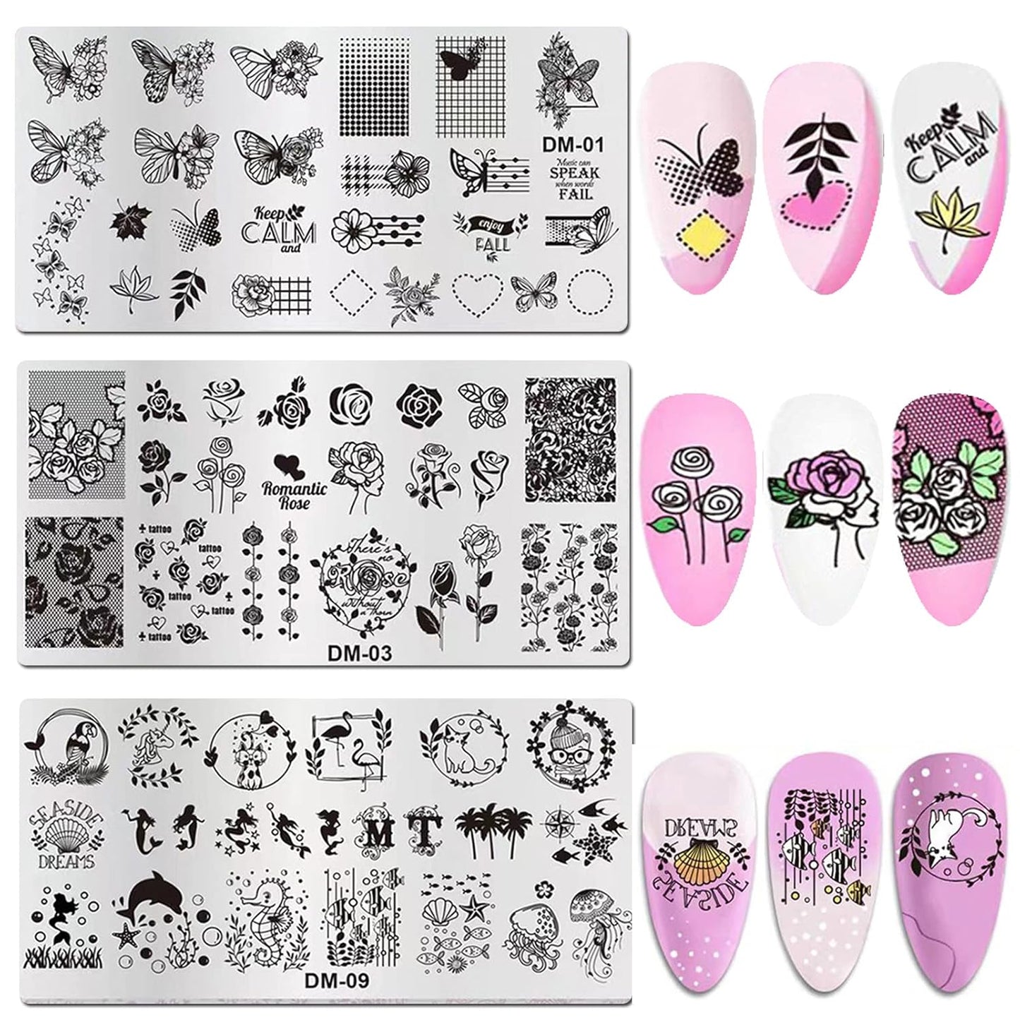 LoveOurHome Nail Stamping Plate Kit Flower Butterfly Lace Animal Fingernails Template Stencil Stamps Plate Silicone Stamper Scraper Manicure Design Tools Set (Flower)