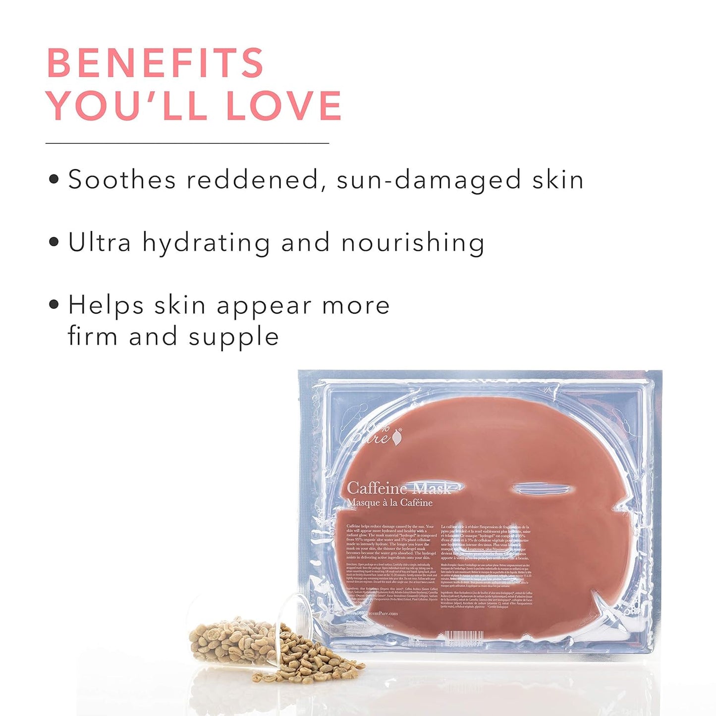 100% PURE Caffeine Face Mask (1 PC), Soothing Face Mask with Hyaluronic Acid, Hydrating Skin Care, Soothes Skin, Sustainably Made - Single Mask