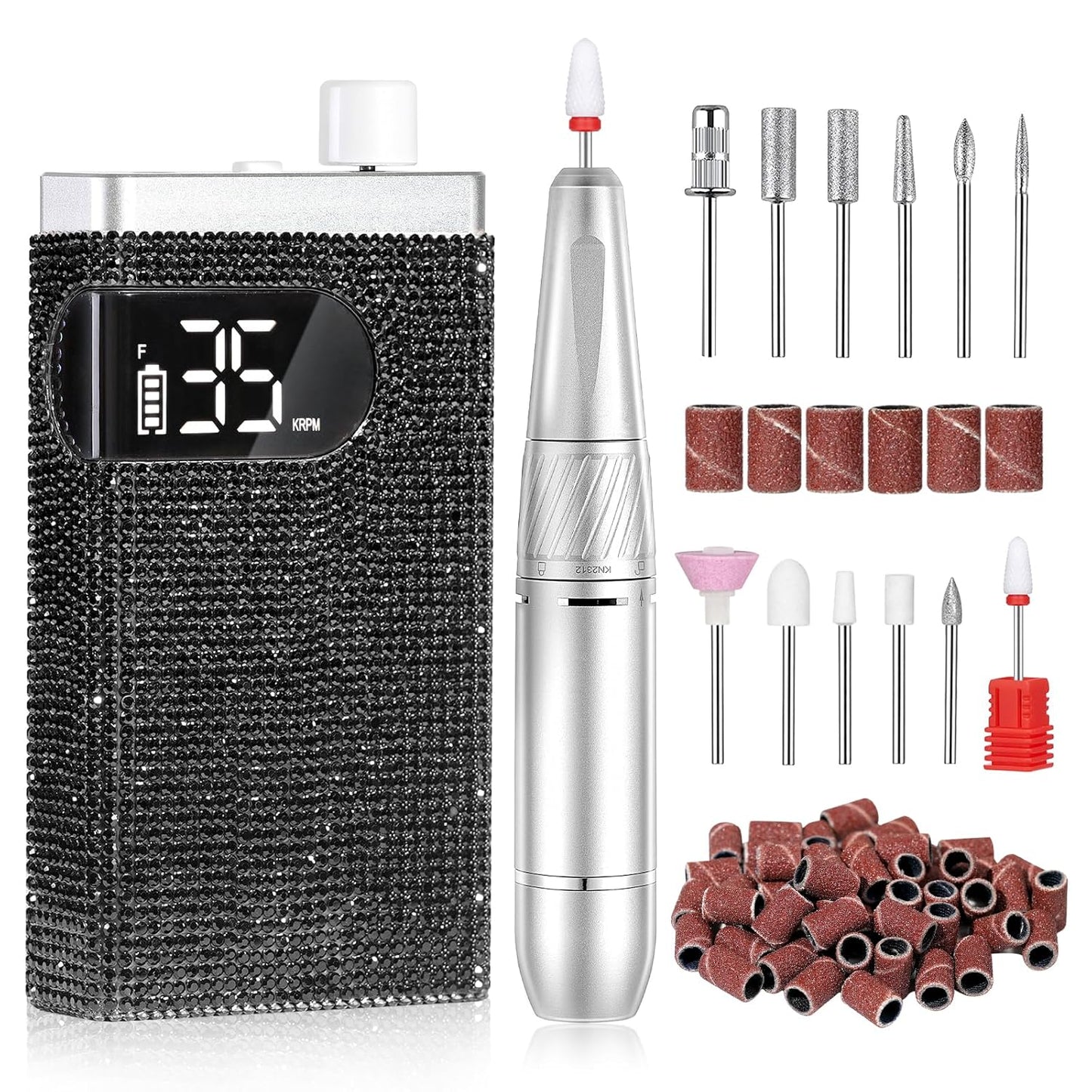Rechargeable 35000RPM Nail Drill Sparkling Portable Professional Electric Nail File for Acrylic/Gel Nails Professional Nail Tools for Manicure Pedicure, Black Diamond