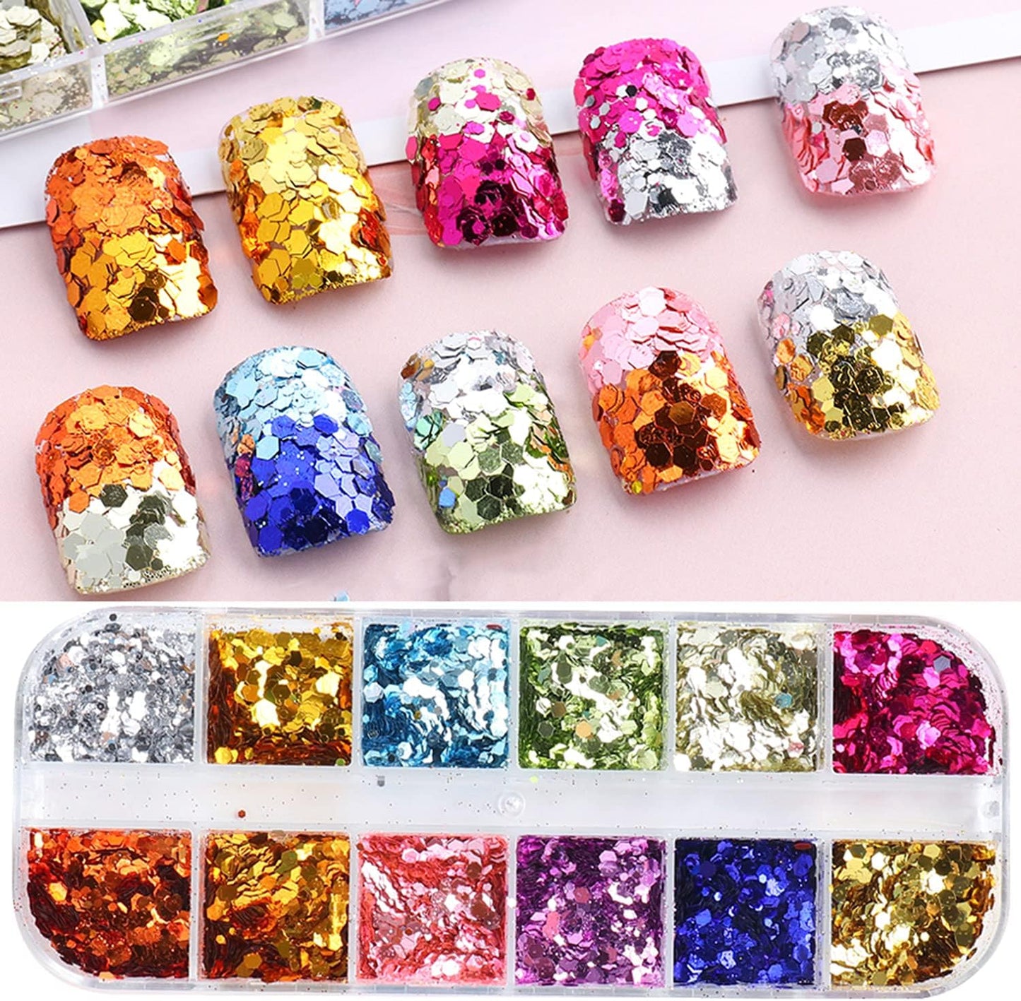 Mermaid Holographic Nail Sequins, 3D Hexagon Flakes Glitter Accessories Mirror Gradient Effect Nail Art Design Sparkly Acrylic Nails Powder for Women Girls Manicure Tips Charms Decoration (12 Colors)