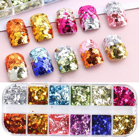 Mermaid Holographic Nail Sequins, 3D Hexagon Flakes Glitter Accessories Mirror Gradient Effect Nail Art Design Sparkly Acrylic Nails Powder for Women Girls Manicure Tips Charms Decoration (12 Colors)