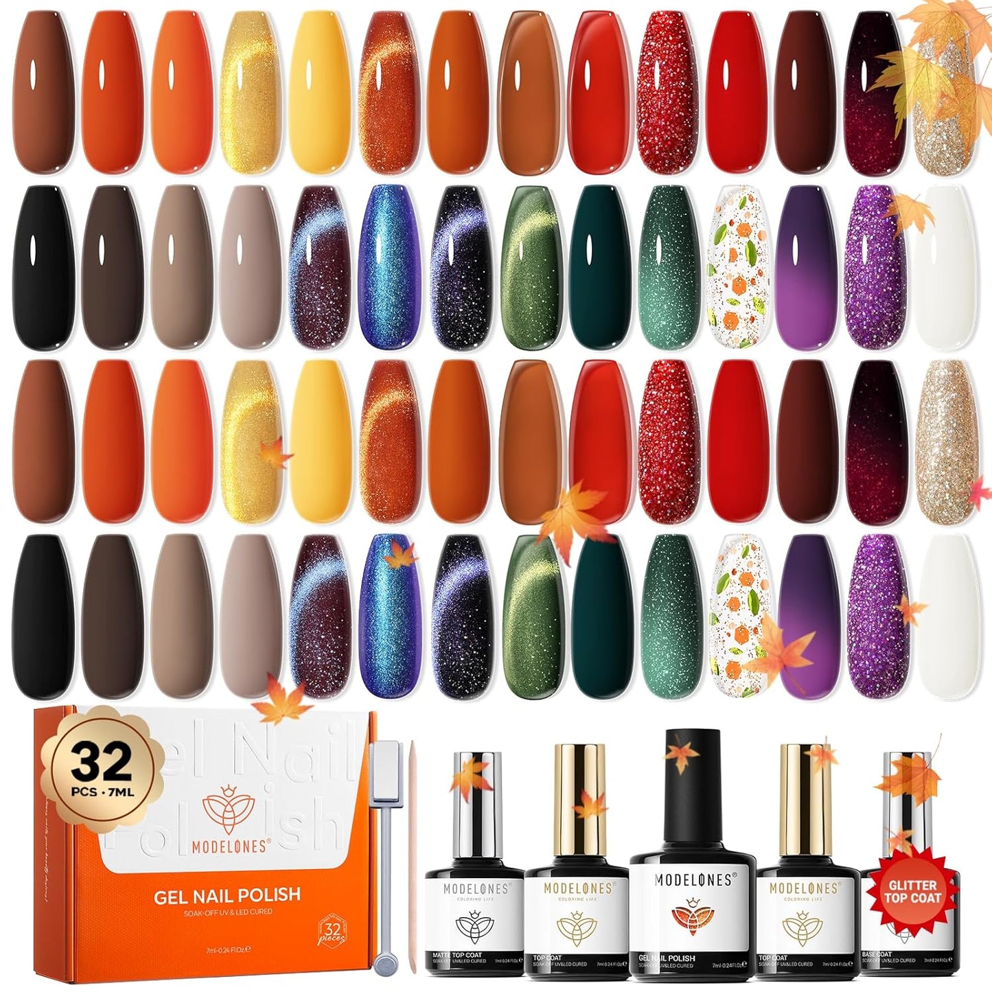 Modelones 32 PCS Fall Gel Nail Polish Kit, 28 Colors Cat Eye Glitter Brown Red Orange Gel Polish with Base Coat, Glitter & Glossy & Matte Top Coat Soak Off LED Nail Art Kit Salon at Home