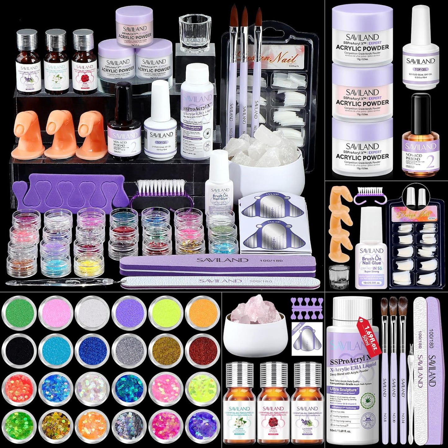 SAVILAND SSPro Acrylic Nail Kit: Clear White Pink Acrylic Powder for Beginners Acrylic Liquid Set with Brush Nail Practice Finger Essential Oil for Acrylic Nails Extension Christmas Gift Home DIY