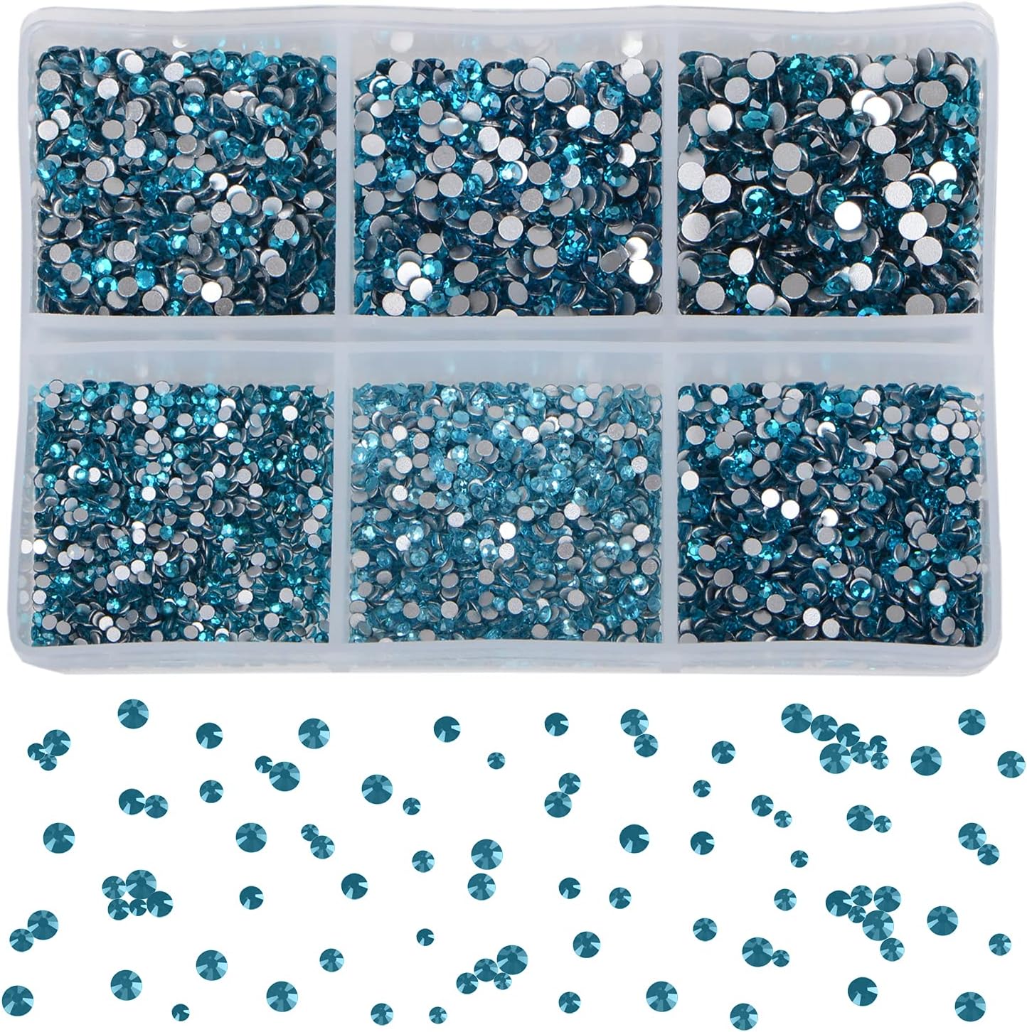 Bymitel 7200 Pieces 6 Mixed Sizes Glue Fix on Glass Rhinestones Round Crystal Gems Flatback for DIY Jewelry Making with one Picking Pen (6-Sizes 7200PCS, Blue Zircon)
