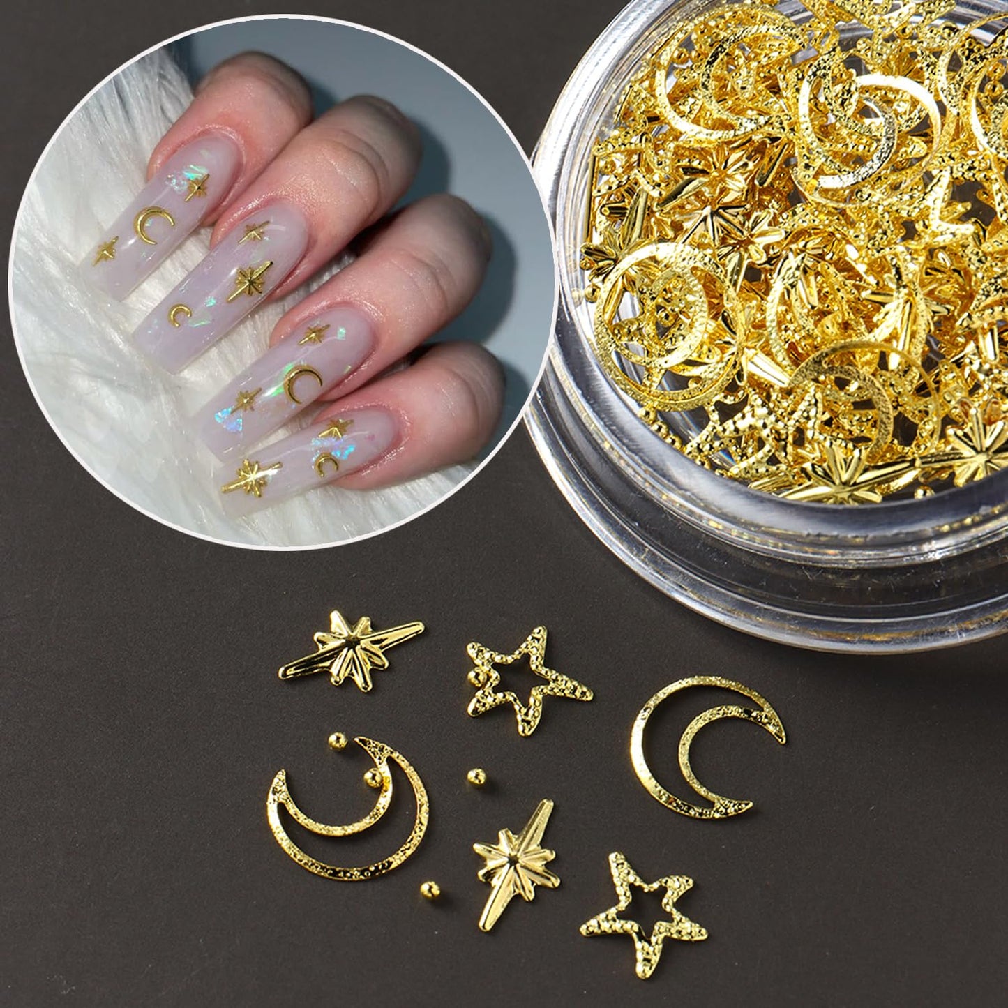 Star Nail Charm for Nails,3D Gold Silver Star Nail Art Charm 2Box Metal Five-Pointed Star Gold Silver Stars Moon Rivet Nail Accessories Metallic Studs Rhinestones Star Nail Jewelry Decor Manicure Kit