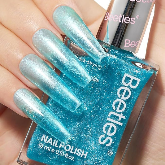 Beetles Blue Glitter Nail Polish - 1Pcs 15ml Fast Drying & Long Lasting Sparkly Nail Polish Frosted Light Blue Shards Nail Lacquer Finish Nail Art Design for Women