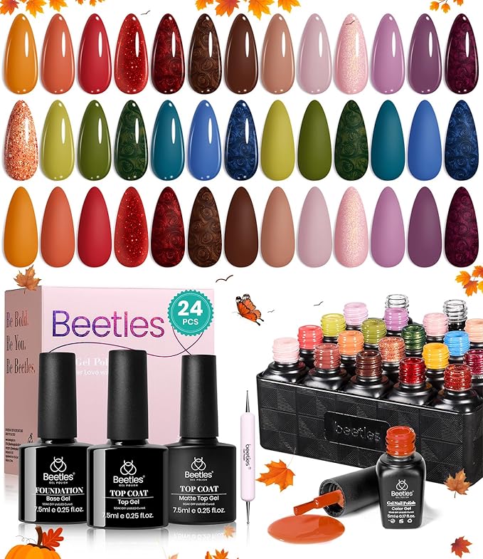 Beetles Fall Gel Polish Set - Toy Eden Gel Nail Polish Set 20 Colors Brown Orange Red Purple Glitter Shell Shread Green Nude Blue 24pcs with Base Coat Glossy Matte Top Coat Gifts for Women