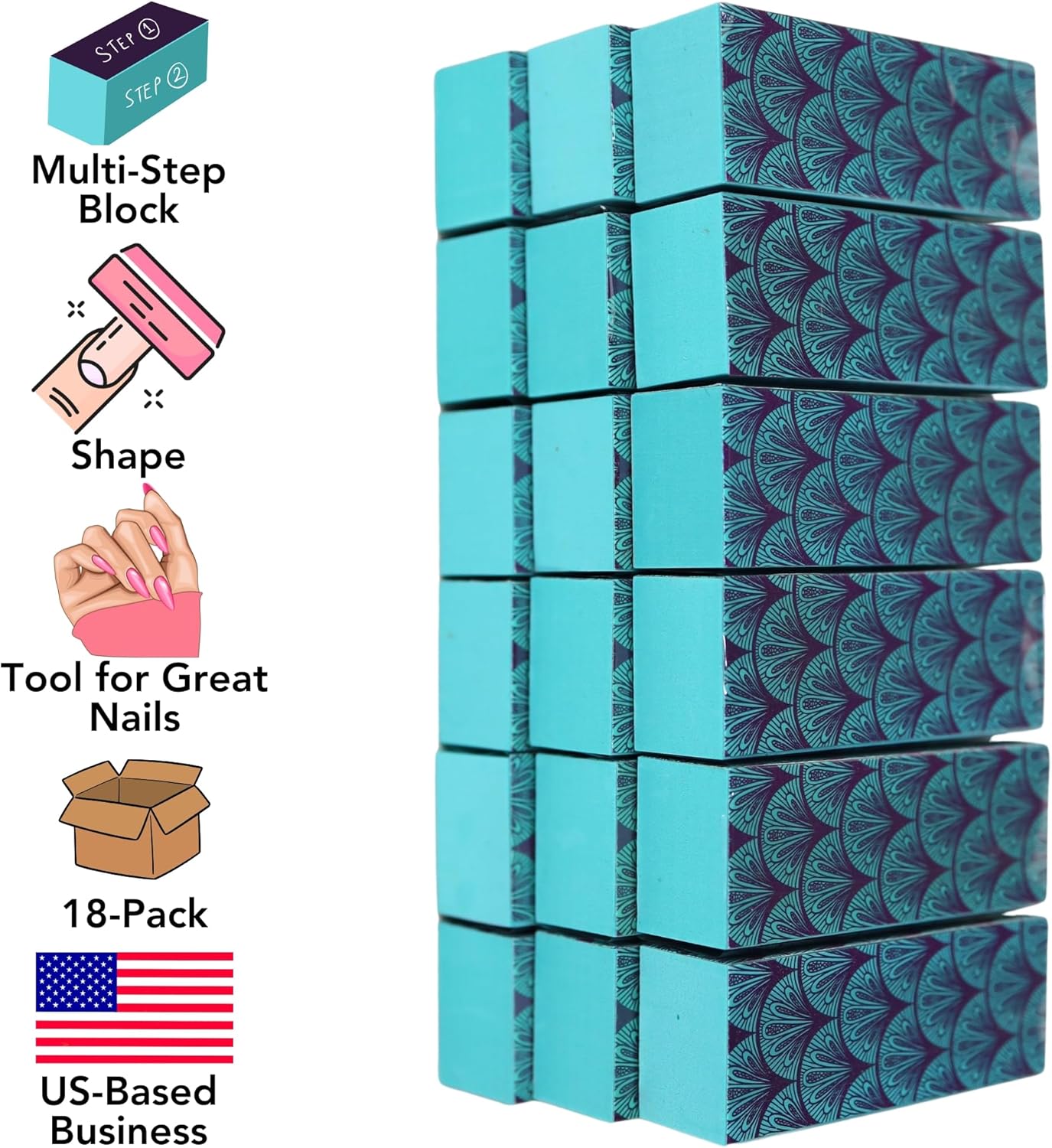 Iconikal Nail Buffer Block, 18-Pack, 3-Way Fingernail Shaping and Smoothing, Teal Damask