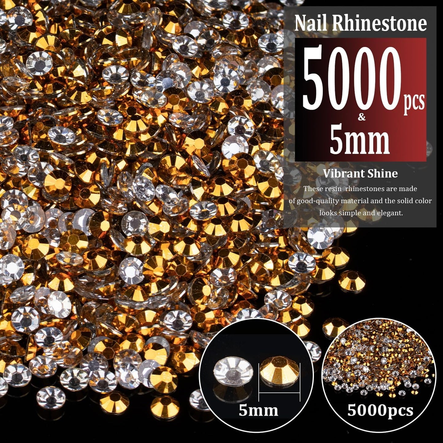 5000pcs 5mm Resin Rhinestones Bulk, Mineral Gold Flatback Round Jelly Rhinestones Bedazzling Non Hotfix Crystal Gems Large Quantity Wholesale for DIY Crafts Clothes Tumblers Face Makeup Manicure