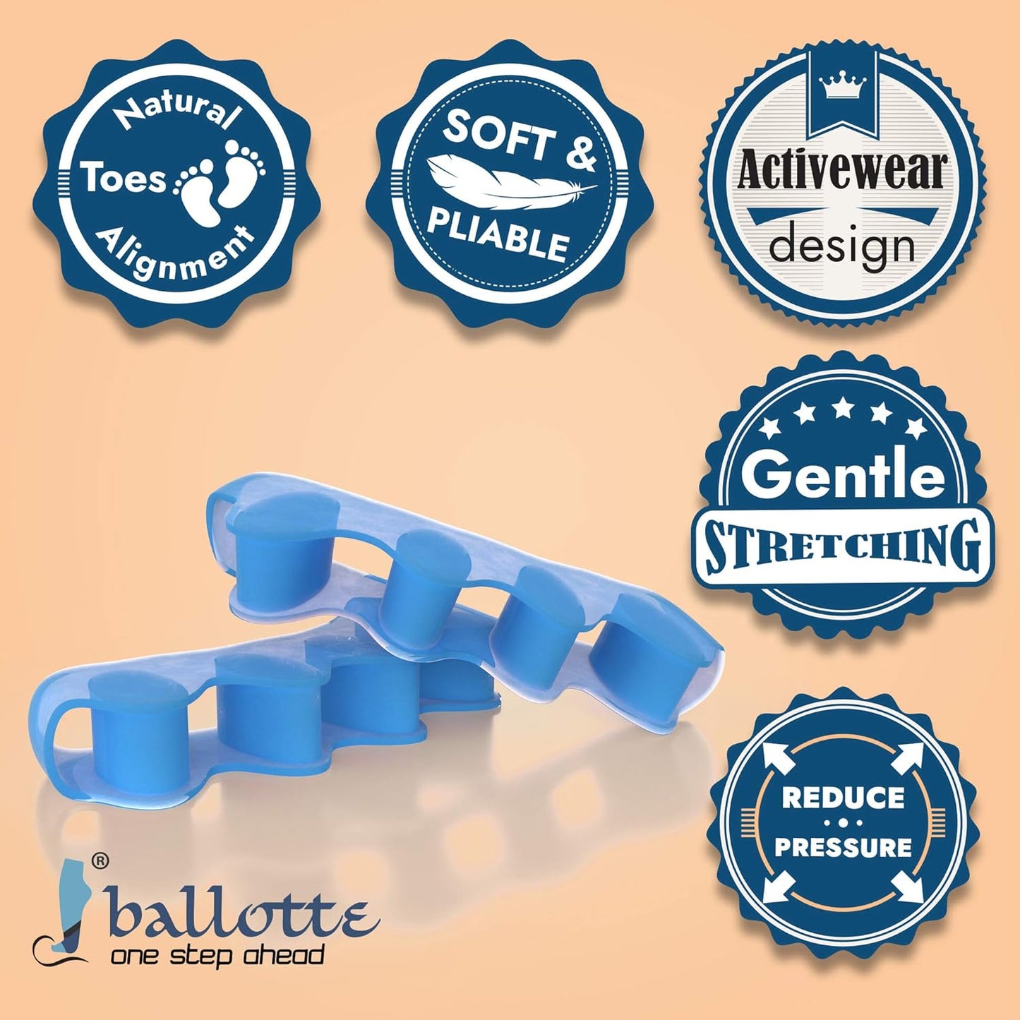 Ballotte Toe Separators, Silicone Toe Spacers for Bunions and Overlapping Hammer Toes, Athletic Tootsie Spacers for Running and Yoga, Foot Finger Splitters for Men & Women (Toe Seperators (Blue 6-Pack))