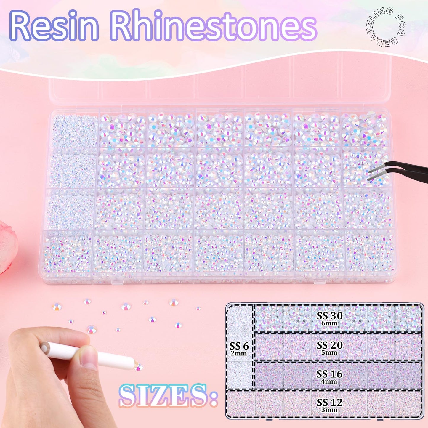 30000Pcs Resin Rhinestones for Bedazzling with B7000 Jewelry Glue, White AB Flatback Gems Rhinestones for Crafting, Clothing Tumblers Mugs Shoes Fabric Decor Nail Art