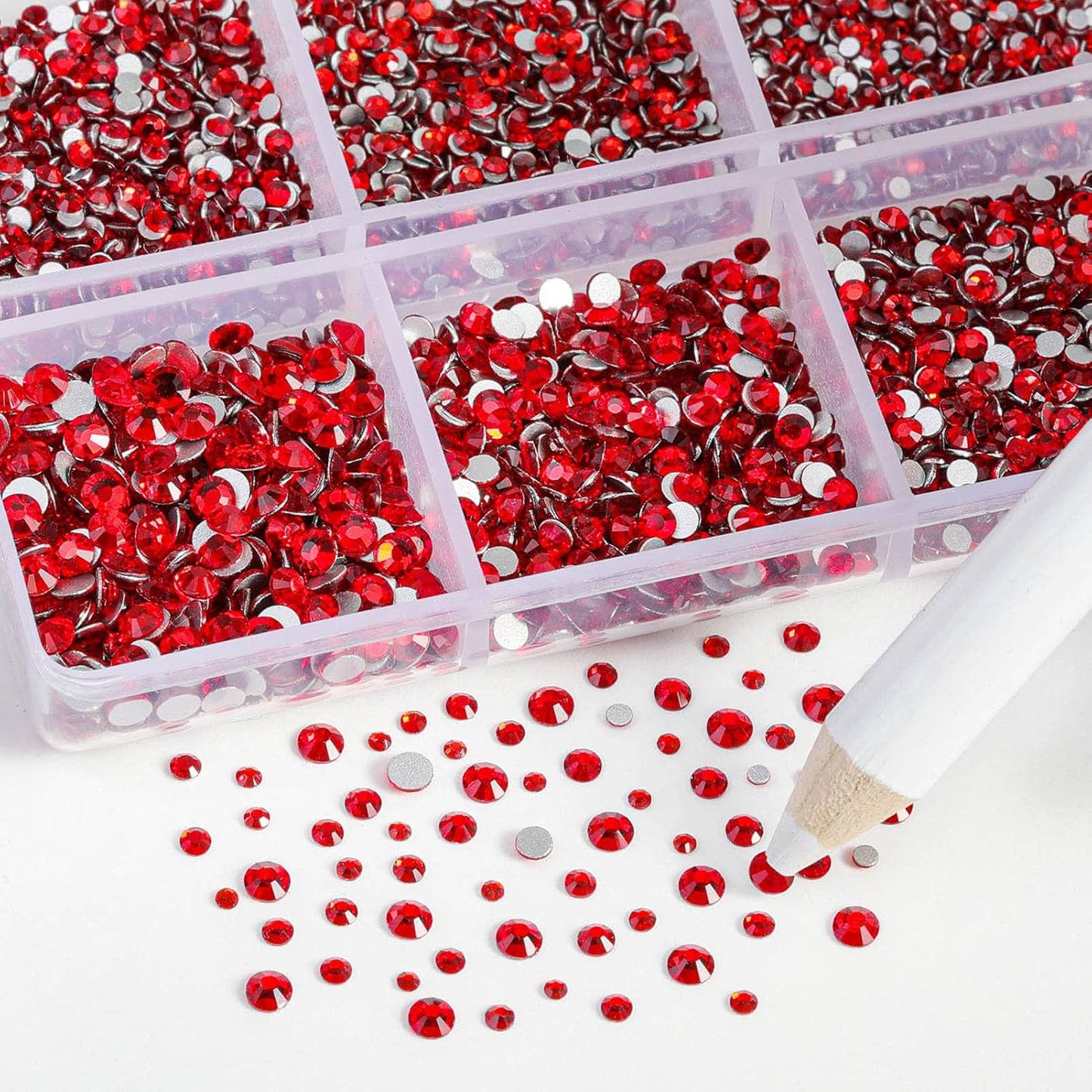 Beadsland 7200pcs Flatback Rhinestones, Red AB Rhinestone Nail Gems Round Crystal Rhinestones for Crafts,Mixed 6 Sizes with Wax Pencil Kit, SS3-SS10, Light Siam