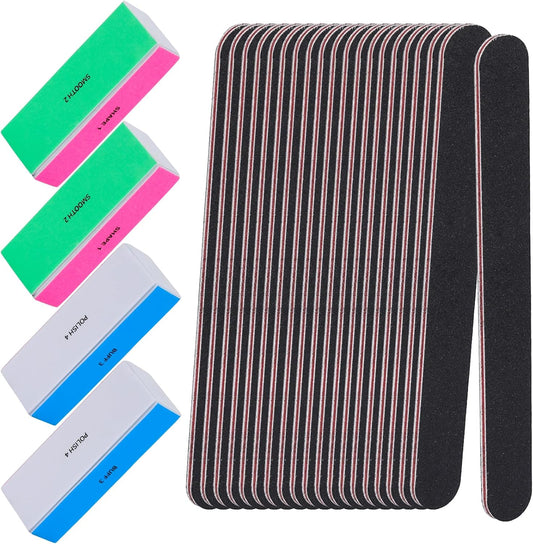 24 Pcs Nail File and Buffer Set, 4pcs 4 Way Nail Shine Buffers Blocks & 20pcs 100/180 Grit Nail Files Emery Boards Professional Manicure Pedicure Tool