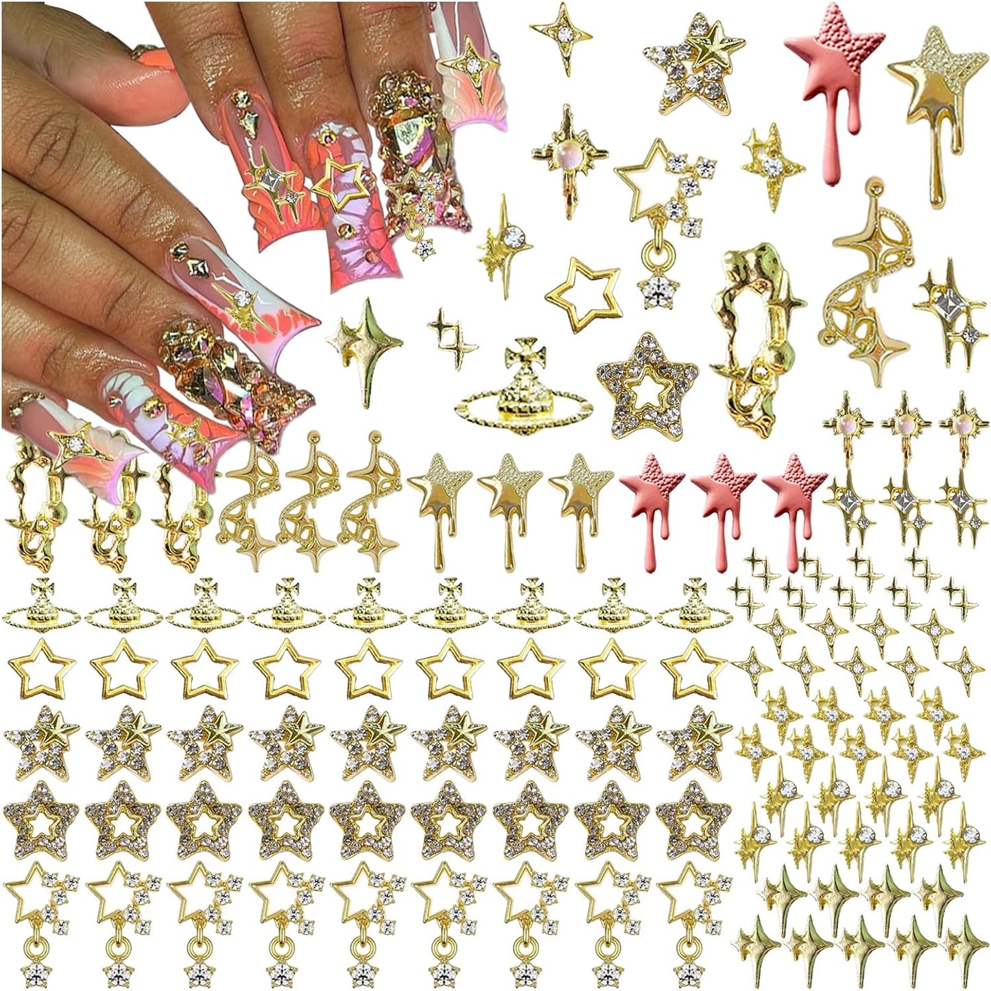124PCS Star 3D Nail Charms for Acrylic Nails, Gold Alloy Nail Gems Starburst Nail Accessories, Nail Rhinestones for Nail Art Supplies Manicure Craft DIY