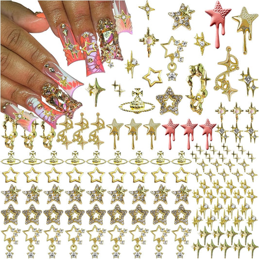 124PCS Star 3D Nail Charms for Acrylic Nails, Gold Alloy Nail Gems Starburst Nail Accessories, Nail Rhinestones for Nail Art Supplies Manicure Craft DIY