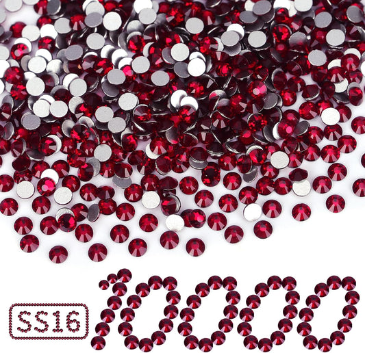 10000PCS Dark Red Rhinestones Bulk, Flat Back Crystal Glass Stone Round Gems,SS16, 3.8-4.0mm