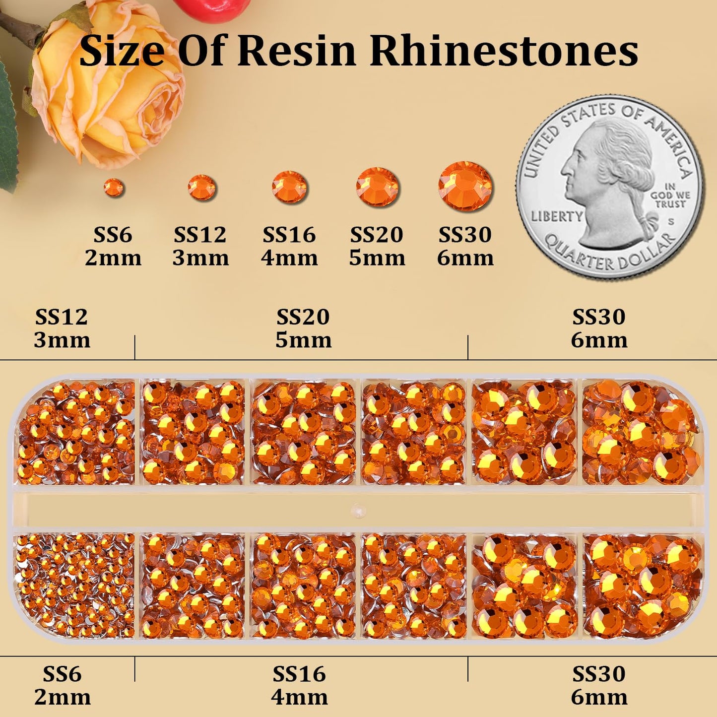 Resin Rhinestones for Crafting, 1 Box Orange Flatback Crystals for Bedazzling Crafts DIY Nail Art Decoration, Non Hotfix Bulk Gems for Tumbler Shoes Clothing Fabric Face Makeup