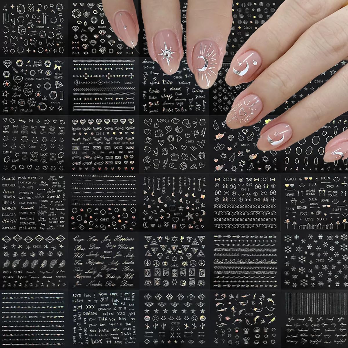 Silver Star Moon Nail Charms Nail Art Kit with 30 Sheets Silver Nail Art Stickers 3D Self-Adhesive SIlver Nail Decals Nail Supplies for Women Acrylic Nail DIY Manicure Kit with tweezer,Pick up Pencil