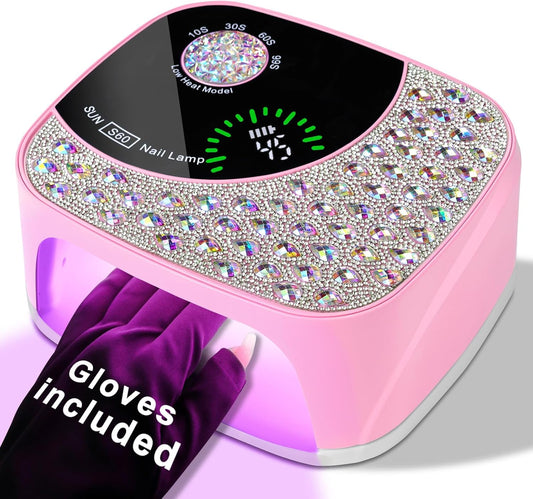 LIMEGIRL UV LED Nail Lamp Kit for Gel Polish Professional Fast Curing Pink Dryer Light Set with 4 Timer Settings Cordless Rechargeable Nail Art Cure Machine with UV Gloves and Automatic Sensor
