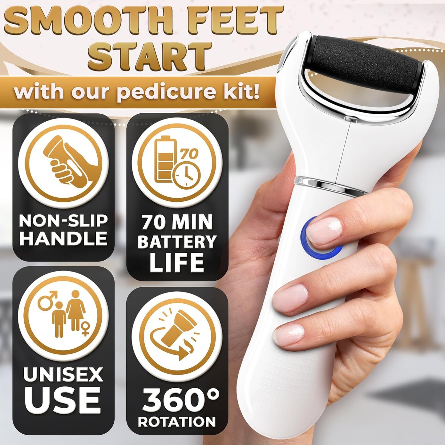 Rechargeable Electric Foot Callus Remover Tool – 3-Speed Foot Sander (1800/2200/2800 RPM), Electric Callus Remover for Feet, Pedicure Tools for Feet – 1200mAh, 70 Min Runtime, 2 Replacement Rollers