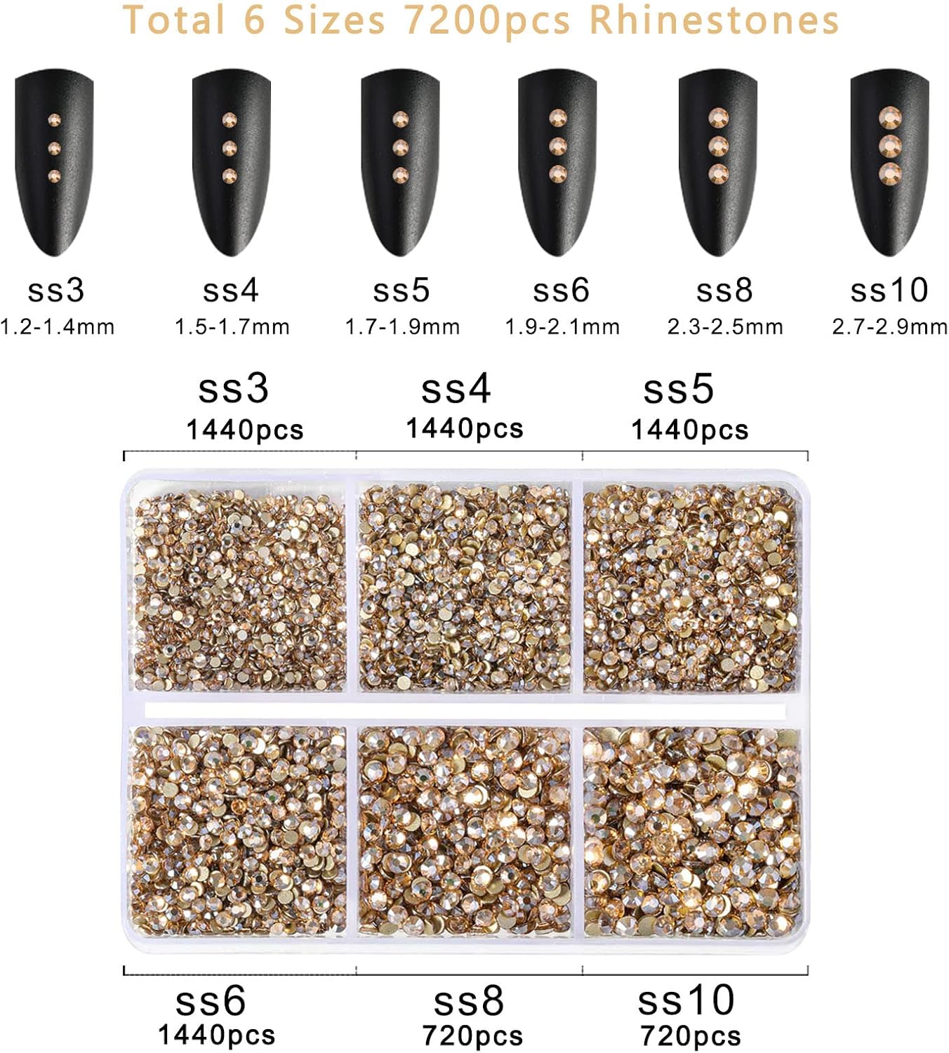 Beadsland 7200pcs Flatback Rhinestones,Gold Rhinestone Nail Gems Round Crystal Rhinestones for Crafts,Mixed 6 Sizes with Wax Pencil Kit, SS3-SS10,Golden Shadow