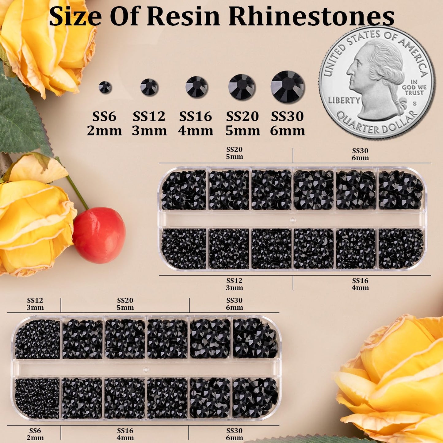 Resin Rhinestones for Crafting, 2 Boxes Black Flatback Crystals for Bedazzling Crafts DIY Nail Art Decoration, Non Hotfix Bulk Gems for Tumbler Shoes Clothing Fabric Face Makeup